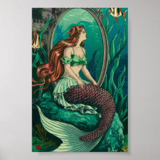 Vintage Mermaid Under the Sea Looking in Mirror  Poster
