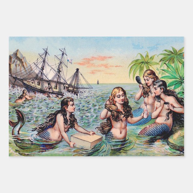 Vintage mermaids in the ocean wrapping paper sheet (Front)