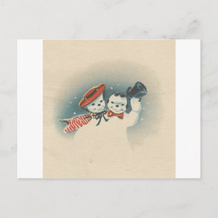 Vintage Merrie Christmas Snowman Couple 3 Holiday Postcard