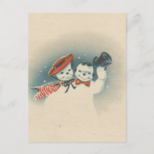 Vintage Merrie Christmas Snowman Couple 3 Holiday Postcard