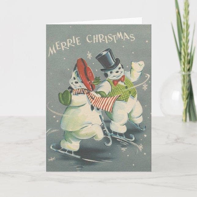 Vintage Merrie Christmas Snowman Couple Holiday Card (Front)