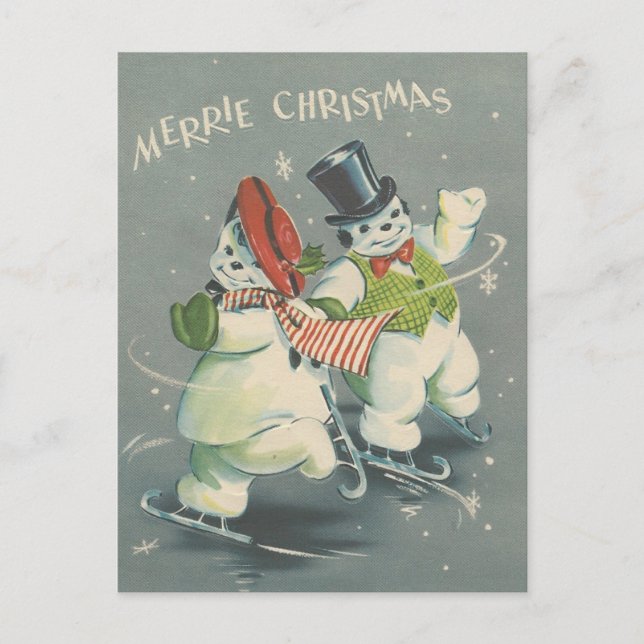 Vintage Merrie Christmas Snowman Couple Holiday Postcard (Front)