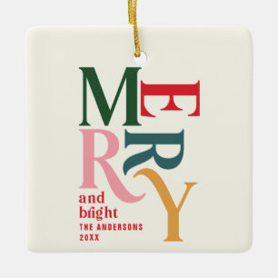Vintage merry and bright colourful Christmas Ceramic Ornament