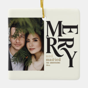 Vintage merry and married Christmas photo wedding Ceramic Ornament