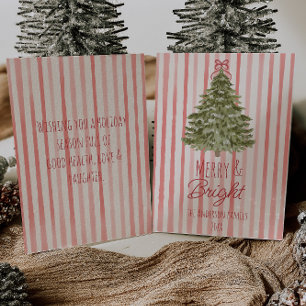 Vintage Merry & Bright Red Stripes Christmas Tree  Holiday Card
