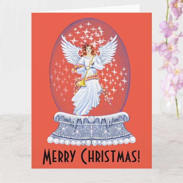 Vintage Merry Christmas Angel Sparkling Snowglobe Card (Orchid)