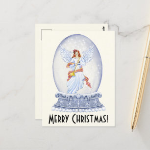 Vintage Merry Christmas Angel Sparkling Snowglobe Postcard