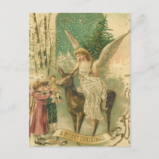 Vintage Merry Christmas Angel with Kids Holiday Postcard (Front)