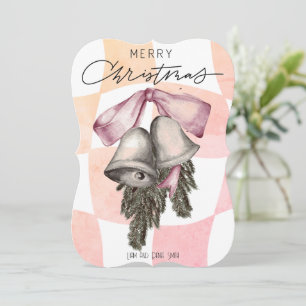 Vintage Merry Christmas Bells Bows Pink and White Holiday Card