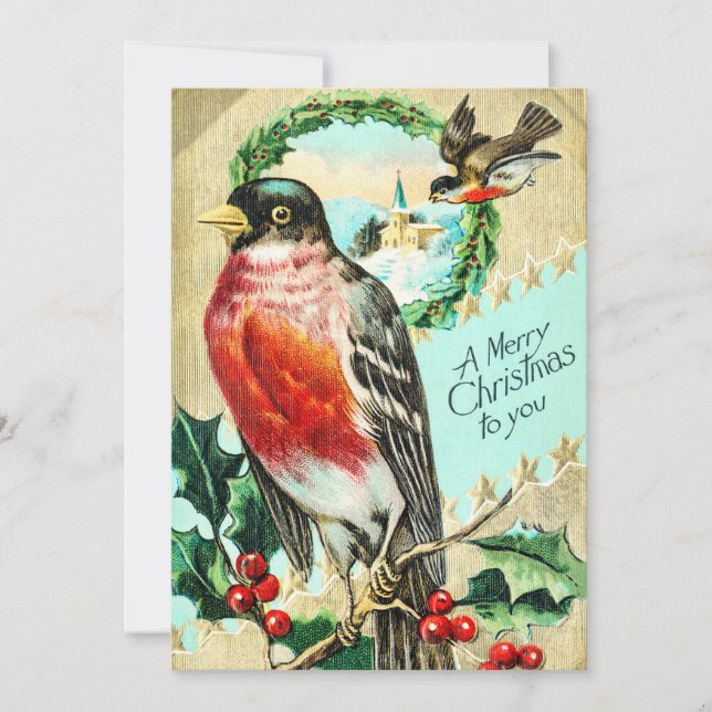 Vintage Merry Christmas Bird Holly Invitation (Front)
