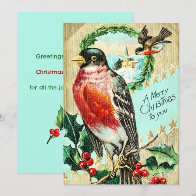 Vintage Merry Christmas Bird Holly Invitation (Front/Back)