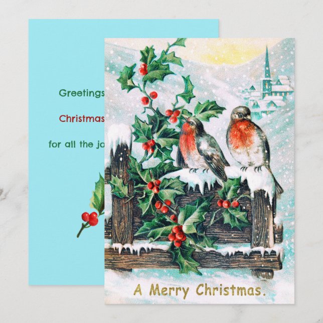 Vintage Merry Christmas Birds Holly Invitation (Front/Back)