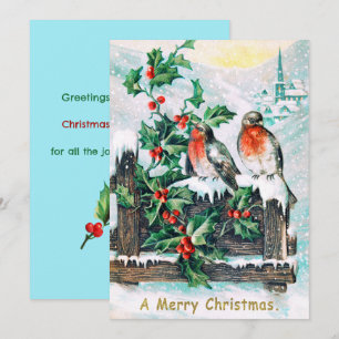 Vintage Merry Christmas Birds Holly Invitation