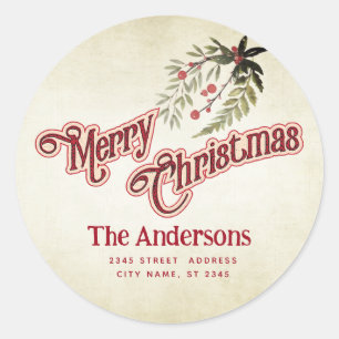 Vintage Merry Christmas botanical holly  Classic Round Sticker