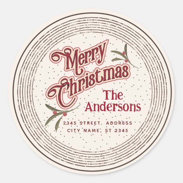 Vintage Merry Christmas botanical holly  Classic Round Sticker (Front)