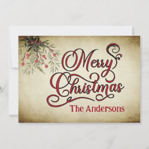 Vintage Merry Christmas botanical holly  Holiday Card