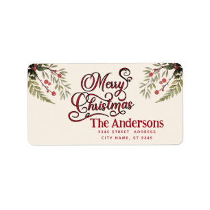 Vintage Merry Christmas botanical holly Label