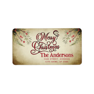 Vintage Merry Christmas botanical holly Label