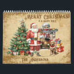 Vintage Merry Christmas Calendar<br><div class="desc">Customise, personalise and gift to your family and friends a timeless and classic vintage Merry Christmas calendar. The front page features a with gorgeous Christmas scene featuring Santa Claus holding a present, standing by a beautiful Christmas tree, a beautifully decorated fireplace in the background with a house in the wood...</div>