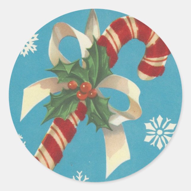 Vintage Merry Christmas Candy Cane Classic Round Sticker (Front)