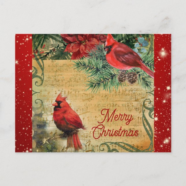 Vintage Merry Christmas Cardinal Music Postcard (Front)