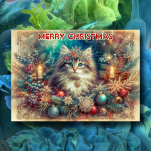 Vintage Merry Christmas Cat with Scripture  Holiday Card