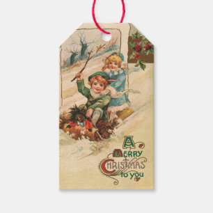 Vintage Merry Christmas, Children on Sleigh Gift T Gift Tags