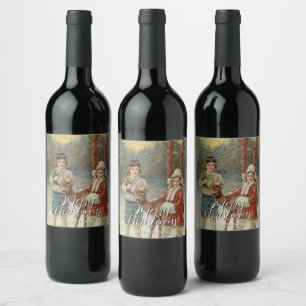 Vintage Merry Christmas Children with Deer Wine Label