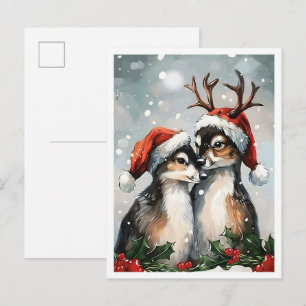 Vintage Merry Christmas Couple Deer Postcard
