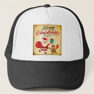 Vintage Merry Christmas Daning Santa and Elf Trucker Hat