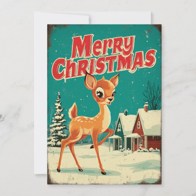 Vintage Merry Christmas Deer Art Holiday Card (Front)