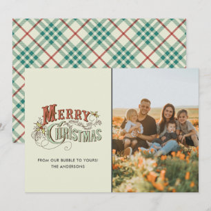 Vintage Merry Christmas Family Photo Plaid Holiday Card