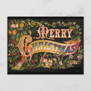 Vintage Merry Christmas Flower Design Holiday Postcard