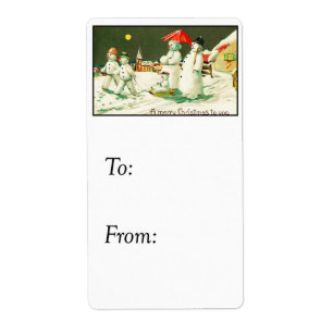Vintage Merry Christmas From Snow Family Gift Tag