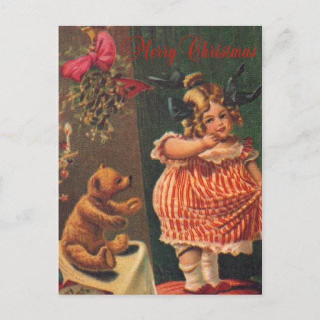 Vintage Merry Christmas Girl and Bear Holiday Postcard (Front)