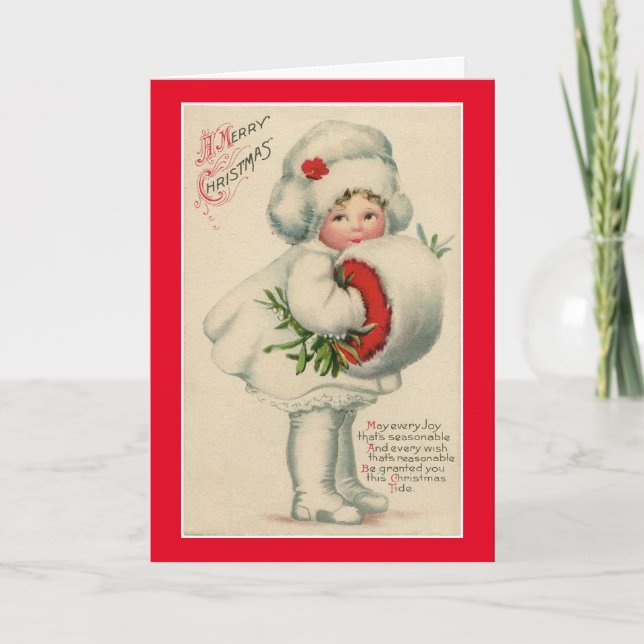 Vintage Merry Christmas Girl Holiday Card (Front)