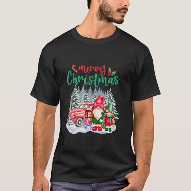 Vintage Merry Christmas Gnomes Red Truck  T-Shirt (Front)