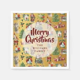 Vintage Merry Christmas Gold Family Name Napkin