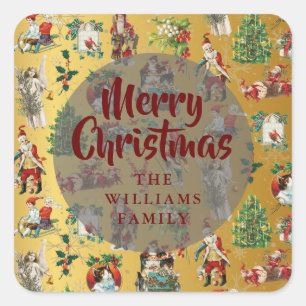 Vintage Merry Christmas Gold Family Name Square Sticker