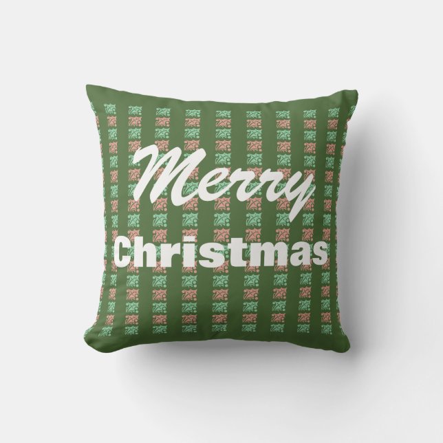 Vintage Merry Christmas Green Chequered Cushion (Front)