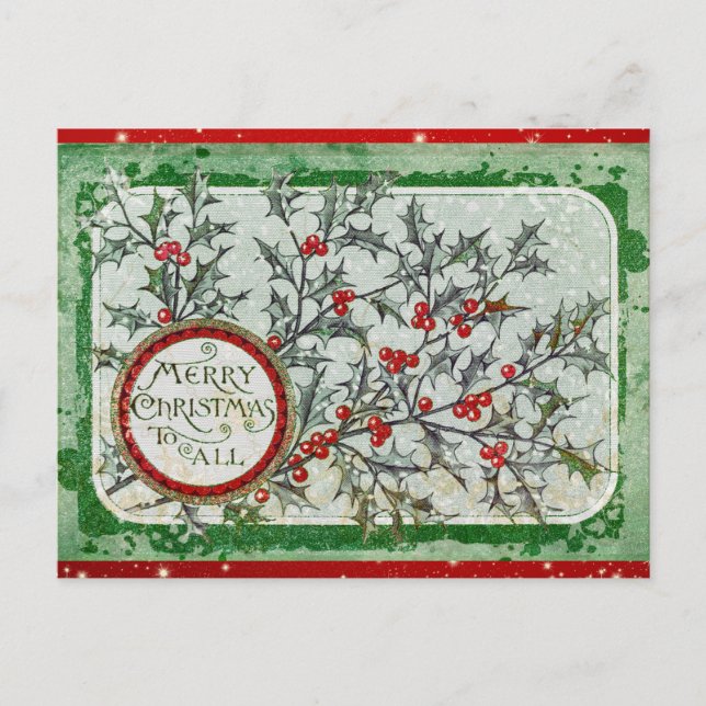 Vintage Merry Christmas Green Red Holly Postcard (Front)