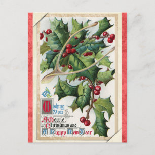 Vintage Merry Christmas Happy New Year Holly Postcard