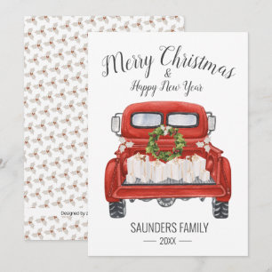Vintage Merry Christmas Happy New Year Red Truck Holiday Card