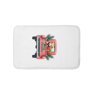 Vintage Merry Christmas Highland Cow in Pink Farm Bath Mat