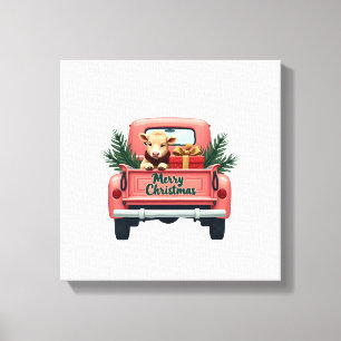 Vintage Merry Christmas Highland Cow in Pink Farm Canvas Print
