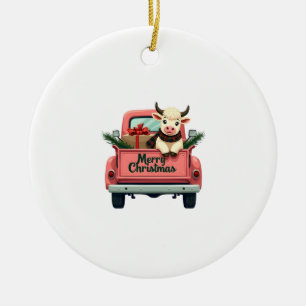 Vintage Merry Christmas Highland Cow in Pink Farm  Ceramic Tree Decoration