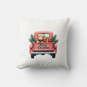 Vintage Merry Christmas Highland Cow in Pink Farm  Cushion