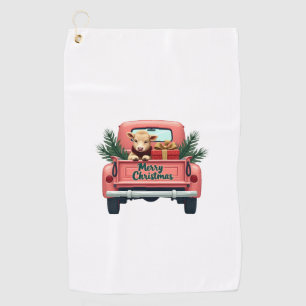 Vintage Merry Christmas Highland Cow in Pink Farm Golf Towel