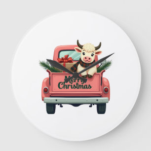 Vintage Merry Christmas Highland Cow in Pink Farm  Large Clock