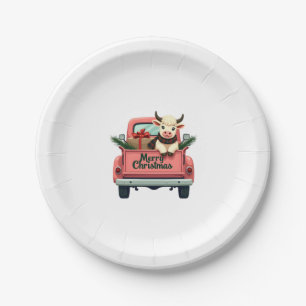 Vintage Merry Christmas Highland Cow in Pink Farm Paper Plate